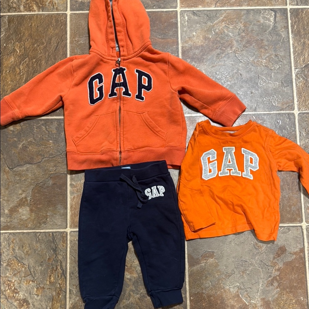 GAP Burnt Orange Hoodie and Tee with Dark Blue Pants